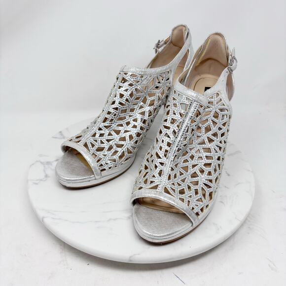 Alex‎ Marie Silver Metallic Heels Size 10 Cut Out Peep Toe Evening Wedding Event - Picture 1 of 11